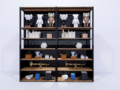 Modern Decorative Cabinet With Multi Tiered Shelves Stuffed Bears Books Ceramic Decor And Vases 3d model