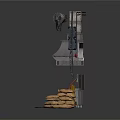 Industrial Metal Machine Setup With Pipes Control Panel Yellow Drums Blue Cart And Sacks