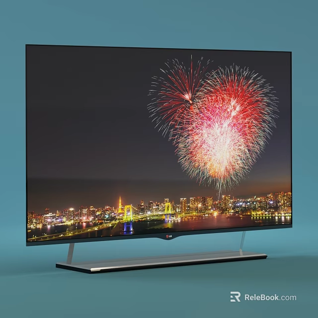 Modern Smart TV Displaying Vibrant Fireworks Over City Night View With Bridge And Metal Stand 3d model 