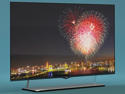 Modern Smart TV Displaying Vibrant Fireworks Over City Night View With Bridge And Metal Stand 3d model