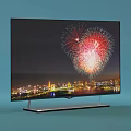 Modern Smart TV Displaying Vibrant Fireworks Over City Night View With Bridge And Metal Stand