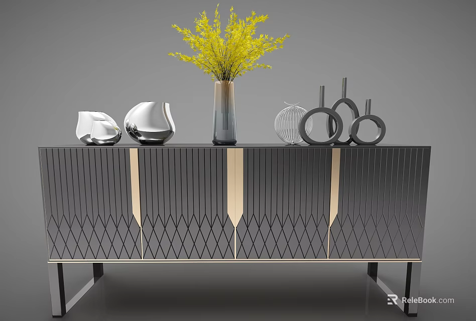 Modern Decorative Cabinet with Diamond Pattern Golden Accents Metal Legs and Yellow Flowers Silver Ornaments 3d model 