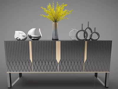 Modern Decorative Cabinet with Diamond Pattern Golden Accents Metal Legs and Yellow Flowers Silver Ornaments 3d model
