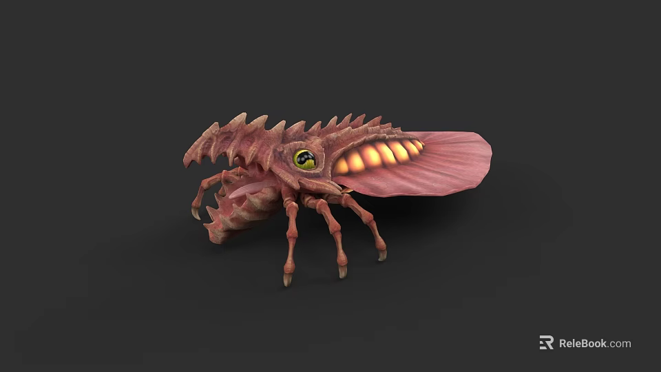 Pink Spiked Back Game Movie Character With Glowing Yellow Eyes And Pink Wings 3d model 