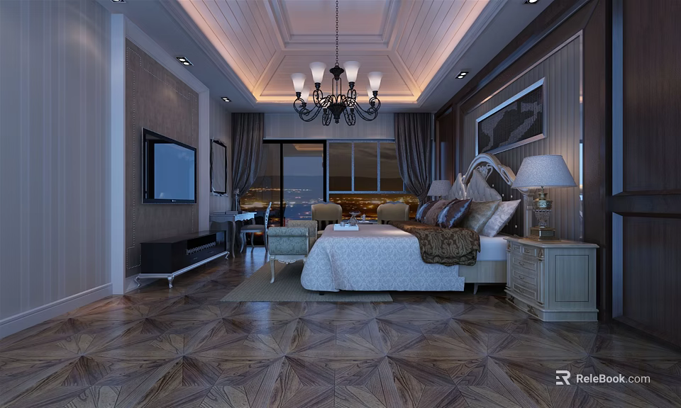 Hotel Room Interior Featuring Elegant Bed Chandelier TV Nightstand And Patterned Carpet 3d model 