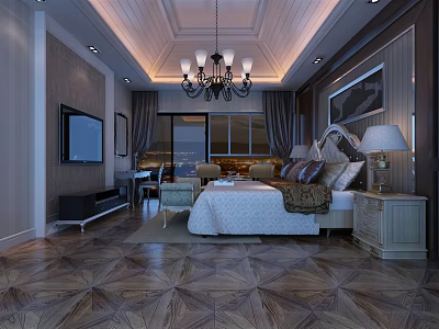 Hotel Room Interior Featuring Elegant Bed Chandelier TV Nightstand And Patterned Carpet 3d model