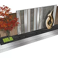 Modern Feature Wall With Stone And Metal Strips Red Maple Tree And Golden Sculpture