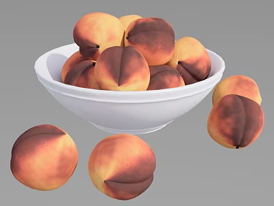 Juicy Ripe Peaches in White Bowl with Some Scattered Around 3d model