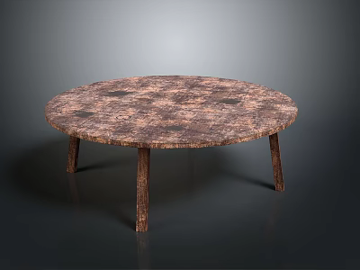 Rustic Wooden Round Table With Textured Surface And Slender Legs Design 3d model