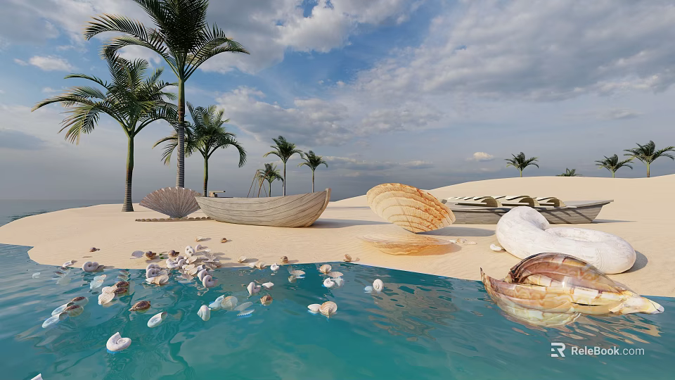 Waterfront Landscape with Clear Blue Pool Scattered Seashells Palm Trees and Beach Loungers 3d model 