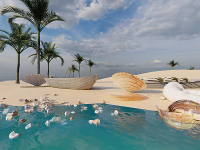 Waterfront Landscape with Clear Blue Pool Scattered Seashells Palm Trees and Beach Loungers 3d model