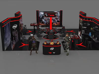 Intel Gaming Exhibition Booth With Large Display Screens Character Statues And Modern Design Elements 3d model