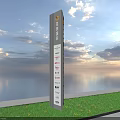 Tall Vertical Metal Signboard With Text Logos Green Grass Calm Water And Blue Sky View