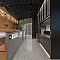 Modern Restaurant Interior With Black Ceiling Large Windows Brown Seats And Green Plants