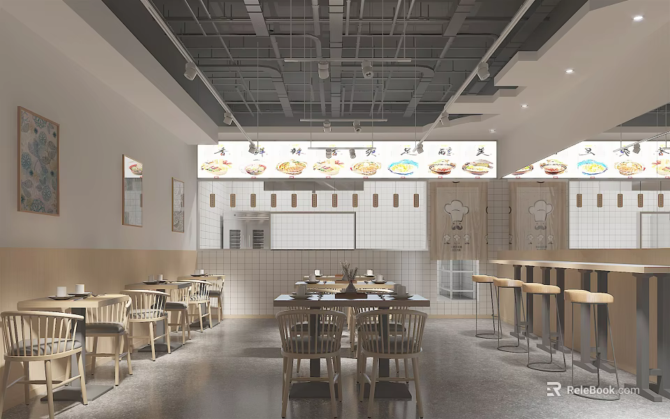 Modern Restaurant Interior With Wooden Tables Chairs Decorative Wall Art And Ceiling Lights 3d model 