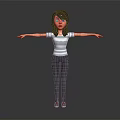 Cartoon Style Woman With Black Hair Striped Top Dark Pants Arms Outstretched On Dark Background