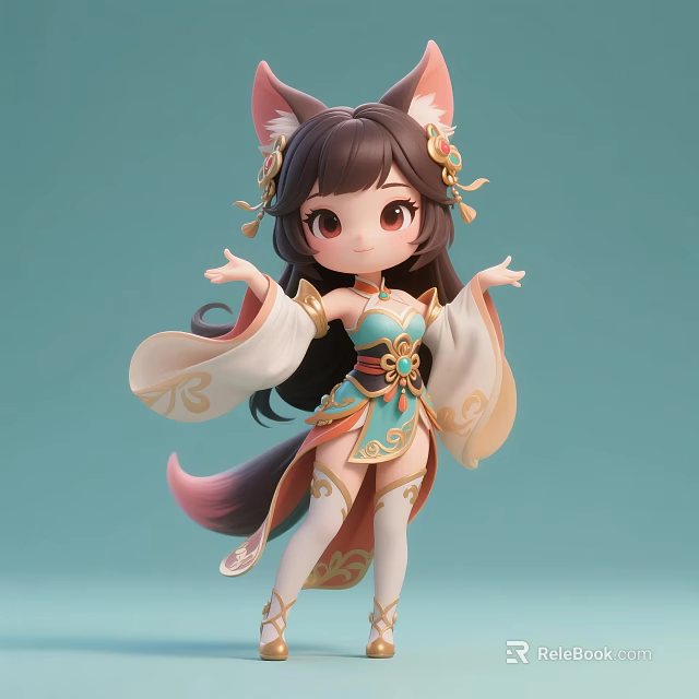 Anime Style Woman Character With Fox Ears Tail And Traditional Costume Design 3d model 