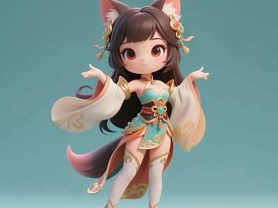 Anime Style Woman Character With Fox Ears Tail And Traditional Costume Design 3d model