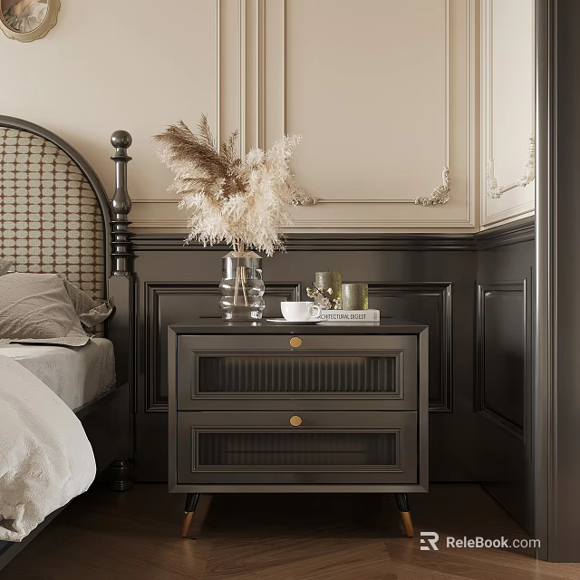 Elegant Bedroom With Wicker Headboard Dark Wood Nightstand And Pampas Grass Decor 3d model 