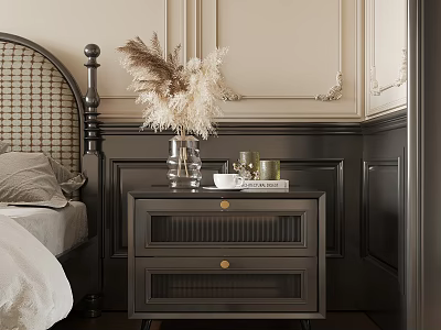 Elegant Bedroom With Wicker Headboard Dark Wood Nightstand And Pampas Grass Decor 3d model