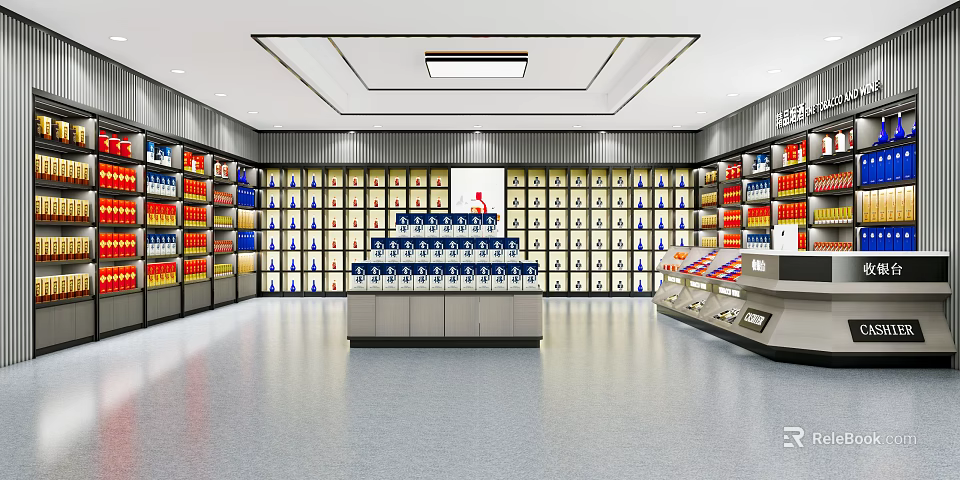 Specialty Store Interior With Colorful Product Shelves And Central Counter 3d model 