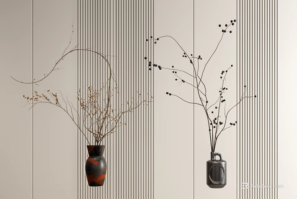 Black And Brown Ceramic Vases With Decorative Branches On Striped Wall 3d model