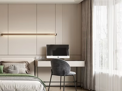 Modern Minimalist Bedroom With Striped Wall Bed Desk Chair Wall Lamp And Window Curtains 3d model