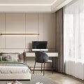 Modern Minimalist Bedroom With Striped Wall Bed Desk Chair Wall Lamp And Window Curtains
