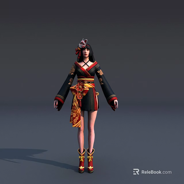 Game Movie Character In Traditional Black Red Outfit With Golden Patterns And Fox Ear Headpiece 3d model 