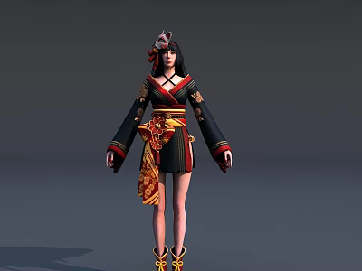 Game Movie Character In Traditional Black Red Outfit With Golden Patterns And Fox Ear Headpiece 3d model