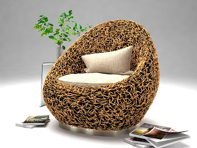 Woven Brown Round Leisure Chair with Light Colored Cushion Green Plant Transparent Vase and Magazines 3d model