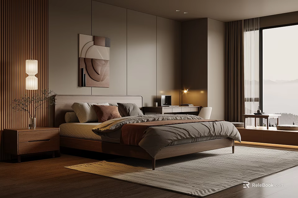 Modern Bedroom Interior Design With Platform Bed Decorative Pillows Table Lamp And Wall Art 3d model 