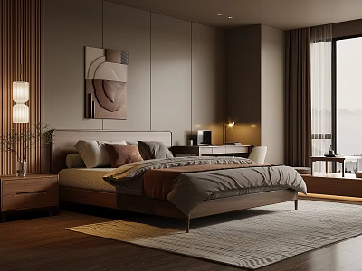 Modern Bedroom Interior Design With Platform Bed Decorative Pillows Table Lamp And Wall Art 3d model