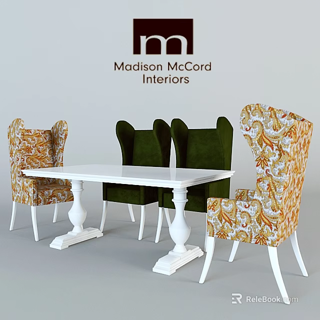 Elegant Dining Table Set With White Table Green And Floral Patterned Chairs 3d model 