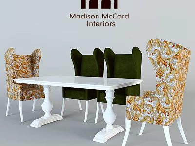 Elegant Dining Table Set With White Table Green And Floral Patterned Chairs 3d model