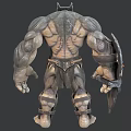 Fierce Wolf Headed Monster With Muscular Body Shield Fiery Patterns Ripped Armor And Powerful Limbs