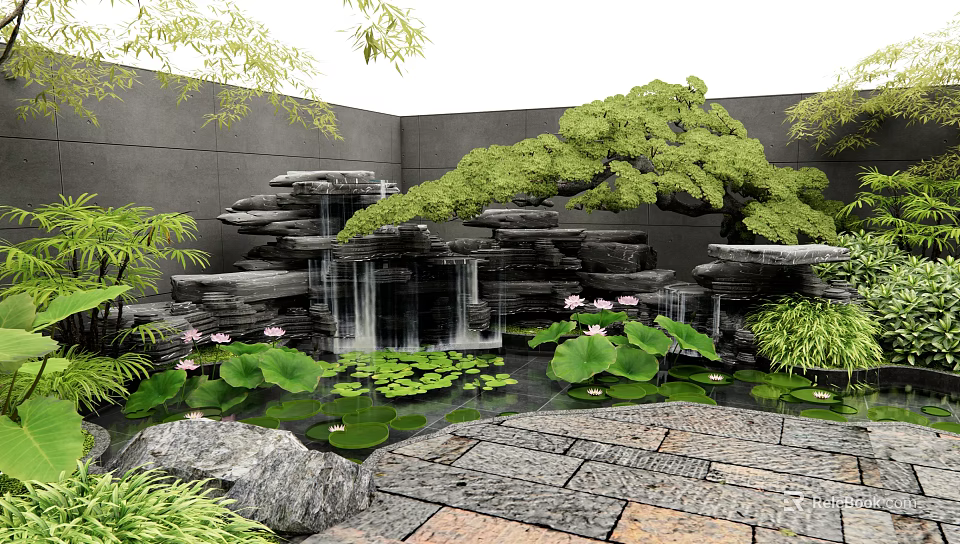 Serene Garden Courtyard With Rock Waterfall Lotus Flowers Lily Pads And Stone Pavement 3d model 