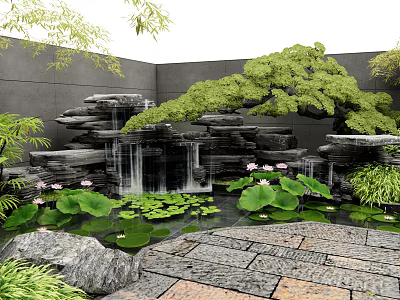 Serene Garden Courtyard With Rock Waterfall Lotus Flowers Lily Pads And Stone Pavement 3d model
