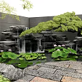 Serene Garden Courtyard With Rock Waterfall Lotus Flowers Lily Pads And Stone Pavement