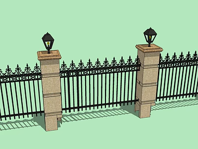 Ornate Building Exterior Wall Featuring Stone Pillars Black Iron Fence Decorative Top And Lanterns 3d model
