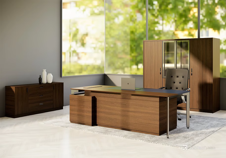 Walnut Office Desk With Cabinet Chair And Large Windows Green View On Rug 3d model 