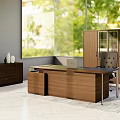 Walnut Office Desk With Cabinet Chair And Large Windows Green View On Rug
