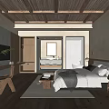 Hotel Guest Room Modern Minimalist Design Featuring Wooden Ceiling Bed TV Desk And Green Plant