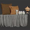Stylish Furniture Bench With Decorative Pillows Gray Draped Fabric Silver Items And Covered Container