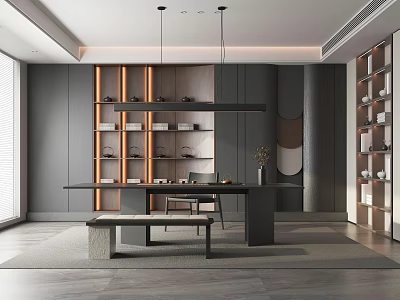 Modern Tea Room Interior With Long Table And Storage Shelves 3d model