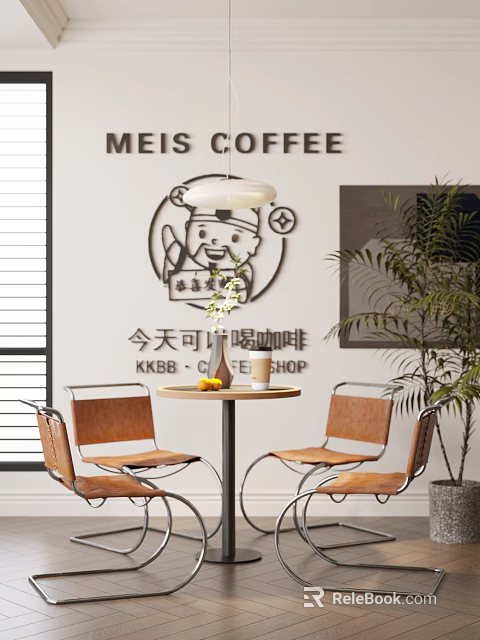 Cafe Table And Chairs Set With Coffee Shop Interior Decor And Wall Art 3d model 
