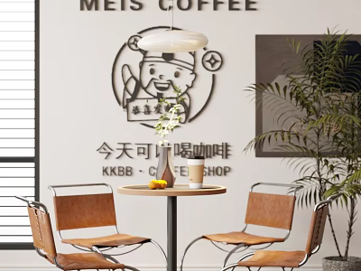 Cafe Table And Chairs Set With Coffee Shop Interior Decor And Wall Art 3d model