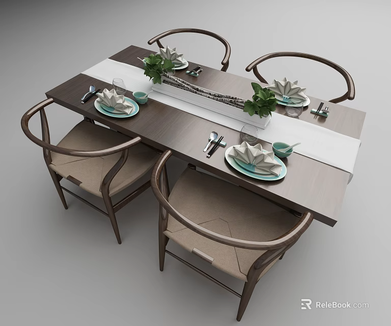 Wooden Dining Table Set With Four Chairs Tableware And Green Plant Decor 3d model 