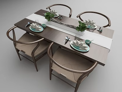 Wooden Dining Table Set With Four Chairs Tableware And Green Plant Decor 3d model