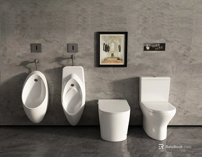 Modern Urinals in Bathroom with Toilets Grey Wall and Decorative Painting 3d model 